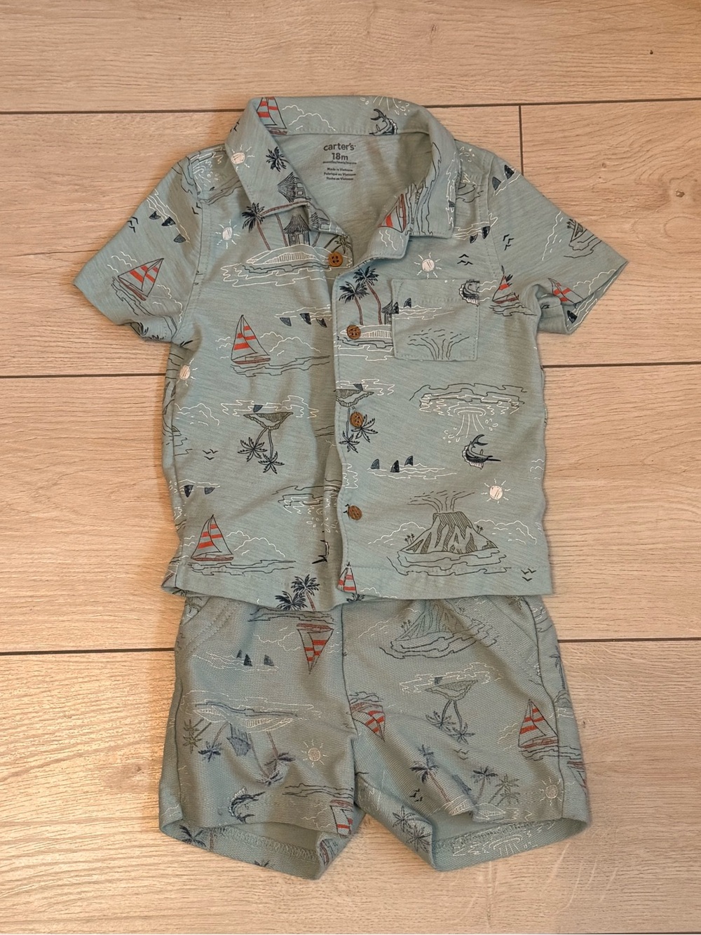 Carter's Sage Green Island Print Button-Up Short Set